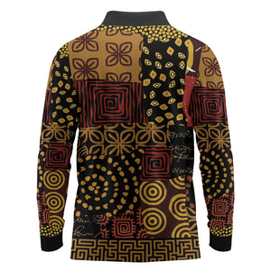 African American Quilt Inspired Long Sleeve Polo Shirt Earth Tone African Patchwork Motif