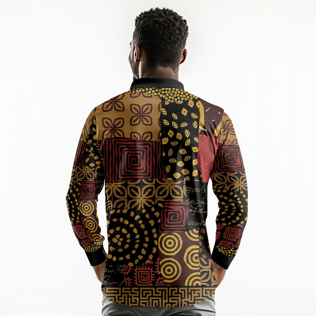 African American Quilt Inspired Long Sleeve Polo Shirt Earth Tone African Patchwork Motif