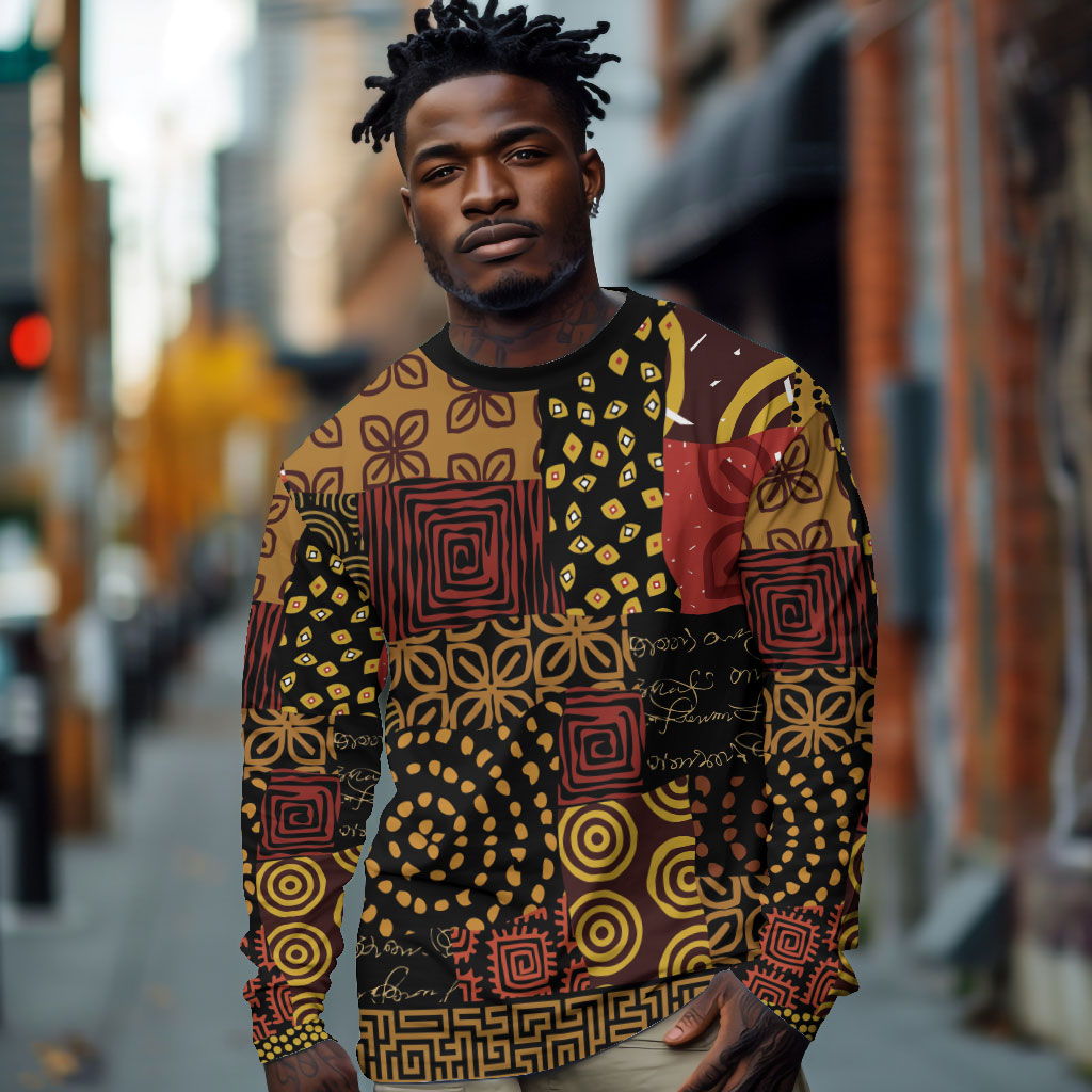 African American Quilt Inspired Long Sleeve Shirt Earth Tone African Patchwork Motif