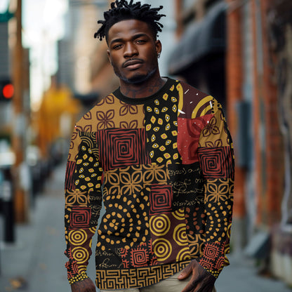 African American Quilt Inspired Long Sleeve Shirt Earth Tone African Patchwork Motif