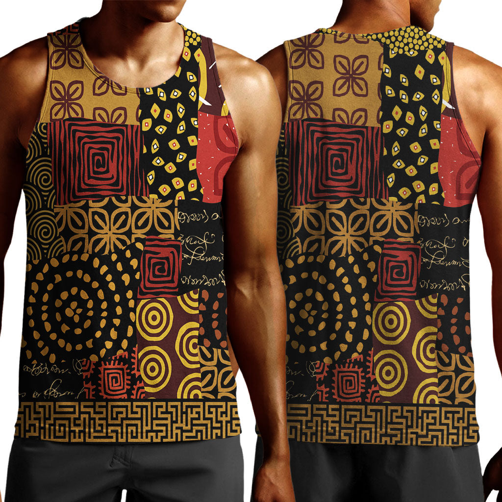 African American Quilt Inspired Men Tank Top Earth Tone African Patchwork Motif