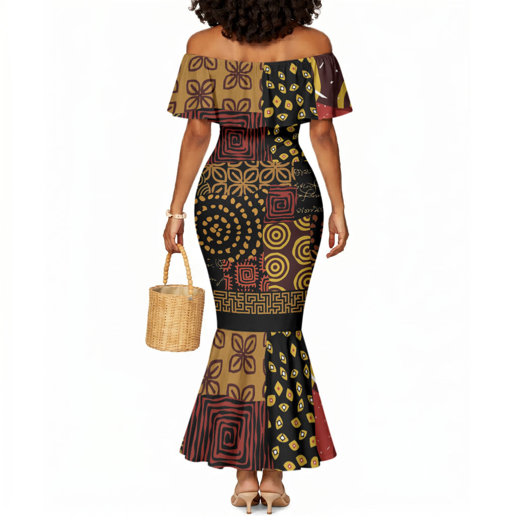 African American Quilt Inspired Mermaid Dress Earth Tone African Patchwork Motif