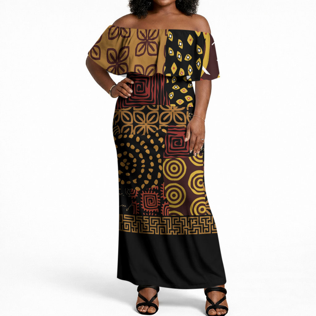 African American Quilt Inspired Off Shoulder Maxi Dress Earth Tone African Patchwork Motif