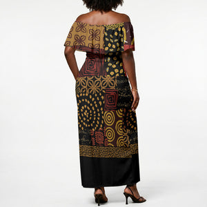 African American Quilt Inspired Off Shoulder Maxi Dress Earth Tone African Patchwork Motif