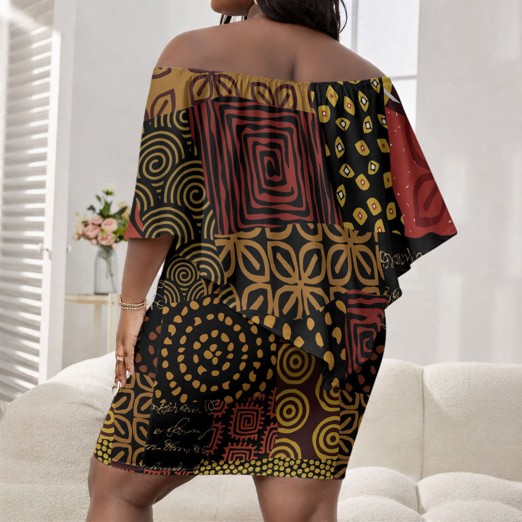 African American Quilt Inspired Off Shoulder Short Dress Earth Tone African Patchwork Motif