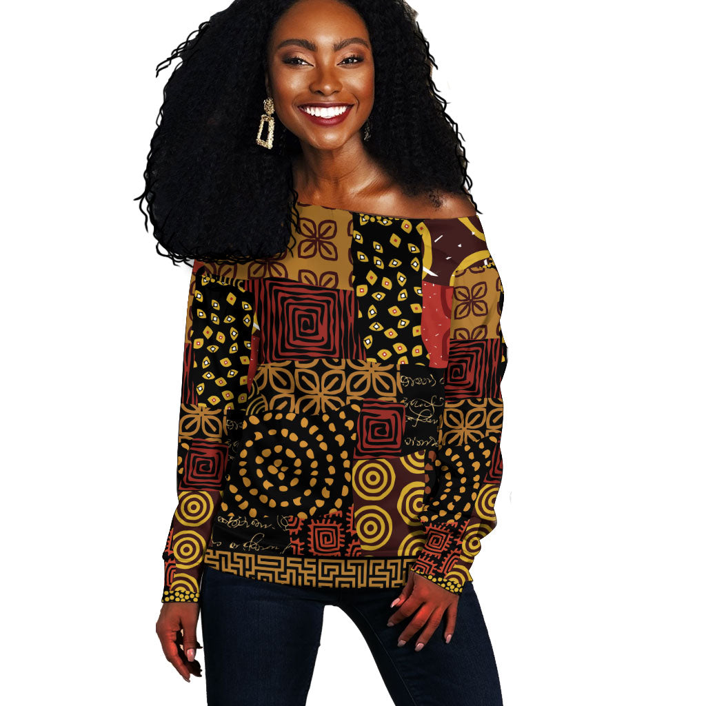African American Quilt Inspired Off Shoulder Sweater Earth Tone African Patchwork Motif