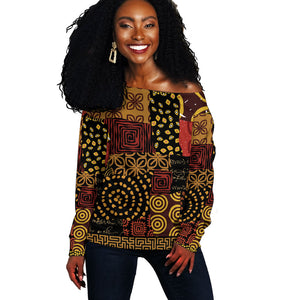 African American Quilt Inspired Off Shoulder Sweater Earth Tone African Patchwork Motif