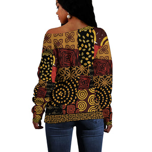 African American Quilt Inspired Off Shoulder Sweater Earth Tone African Patchwork Motif