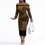 African American Quilt Inspired Off The Shoulder Long Sleeve Dress Earth Tone African Patchwork Motif