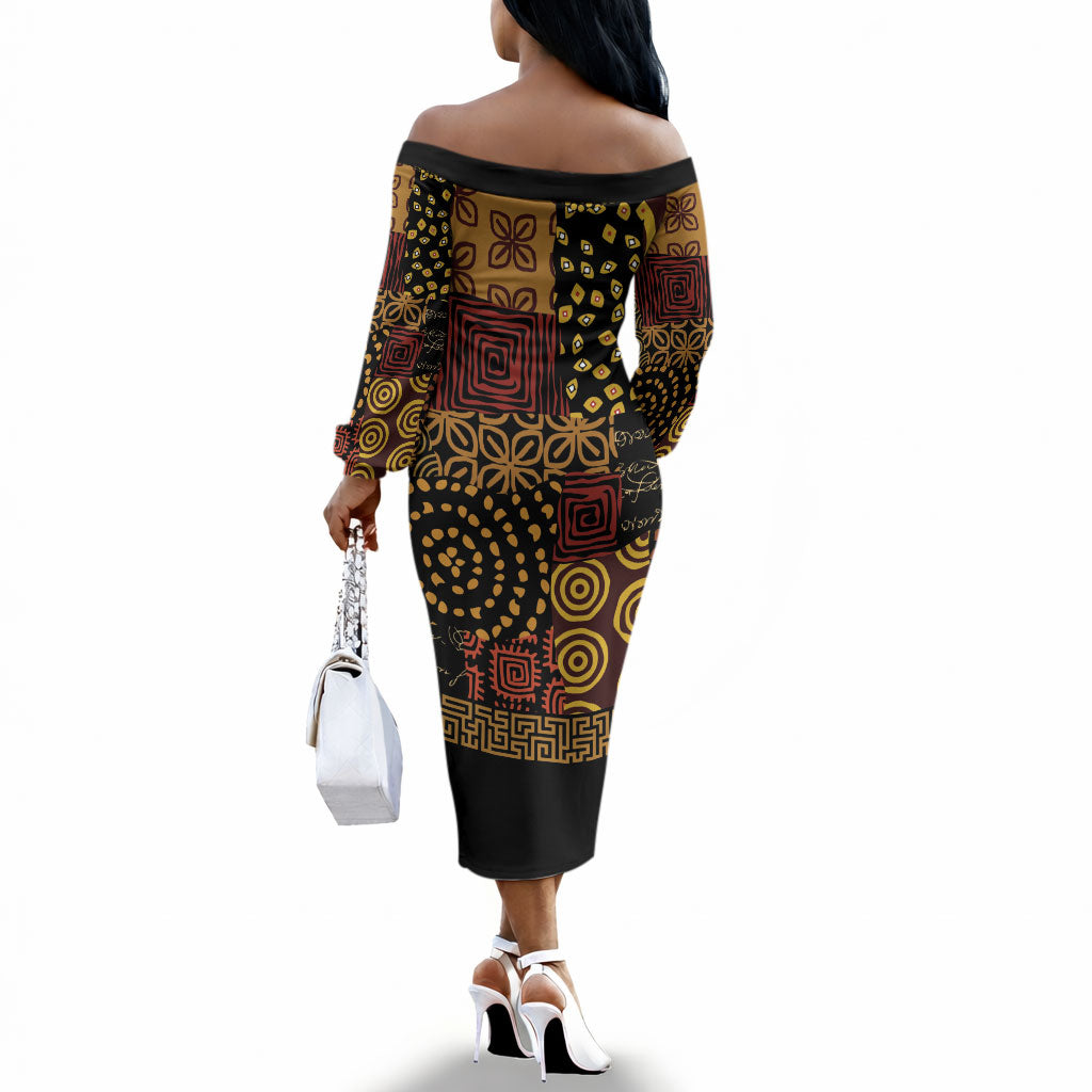 African American Quilt Inspired Off The Shoulder Long Sleeve Dress Earth Tone African Patchwork Motif