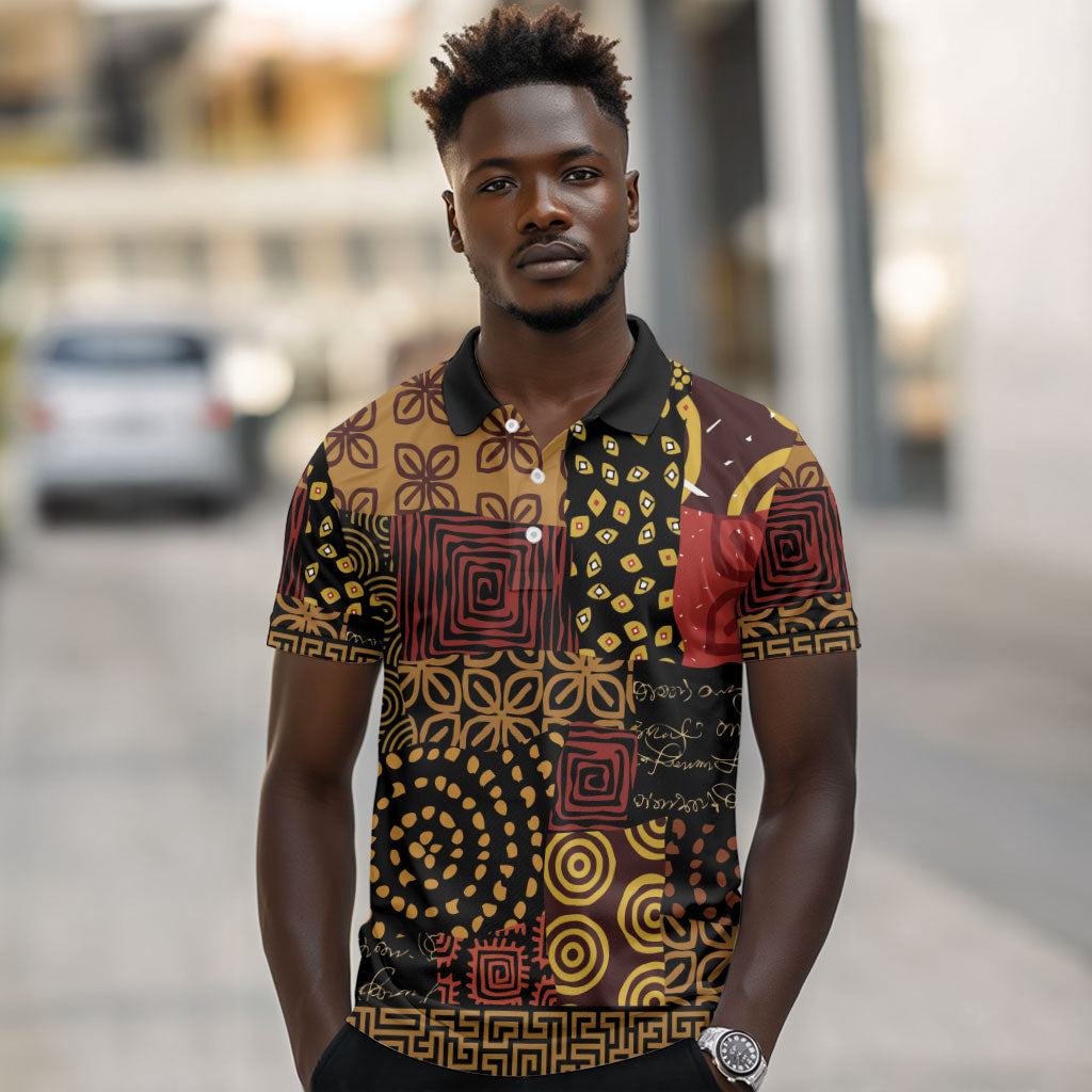 African American Quilt Inspired Polo Shirt Earth Tone African Patchwork Motif