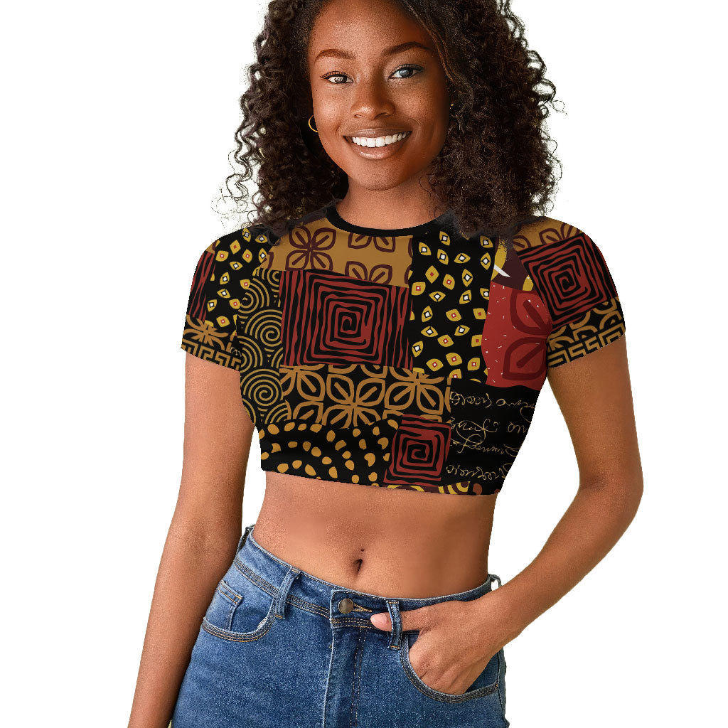 African American Quilt Inspired Raglan Cropped T shirt Earth Tone African Patchwork Motif