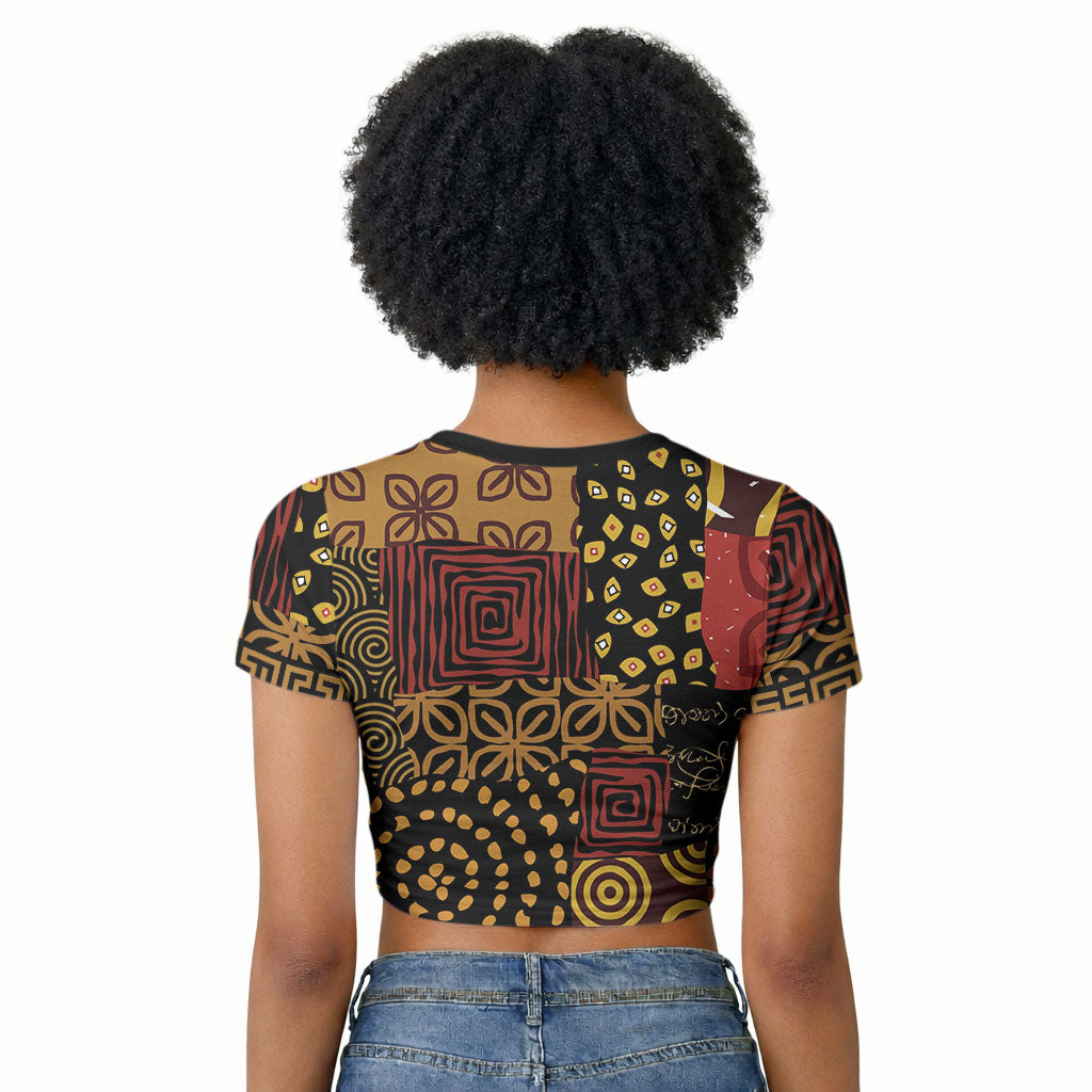 African American Quilt Inspired Raglan Cropped T shirt Earth Tone African Patchwork Motif