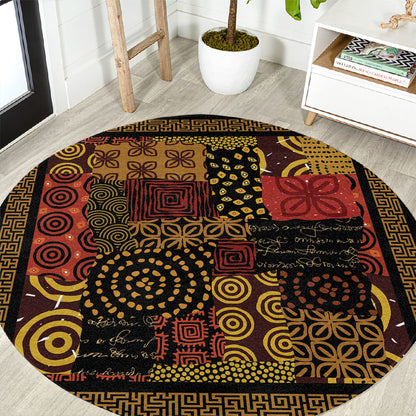 African American Quilt Inspired Round Carpet Earth Tone African Patchwork Motif