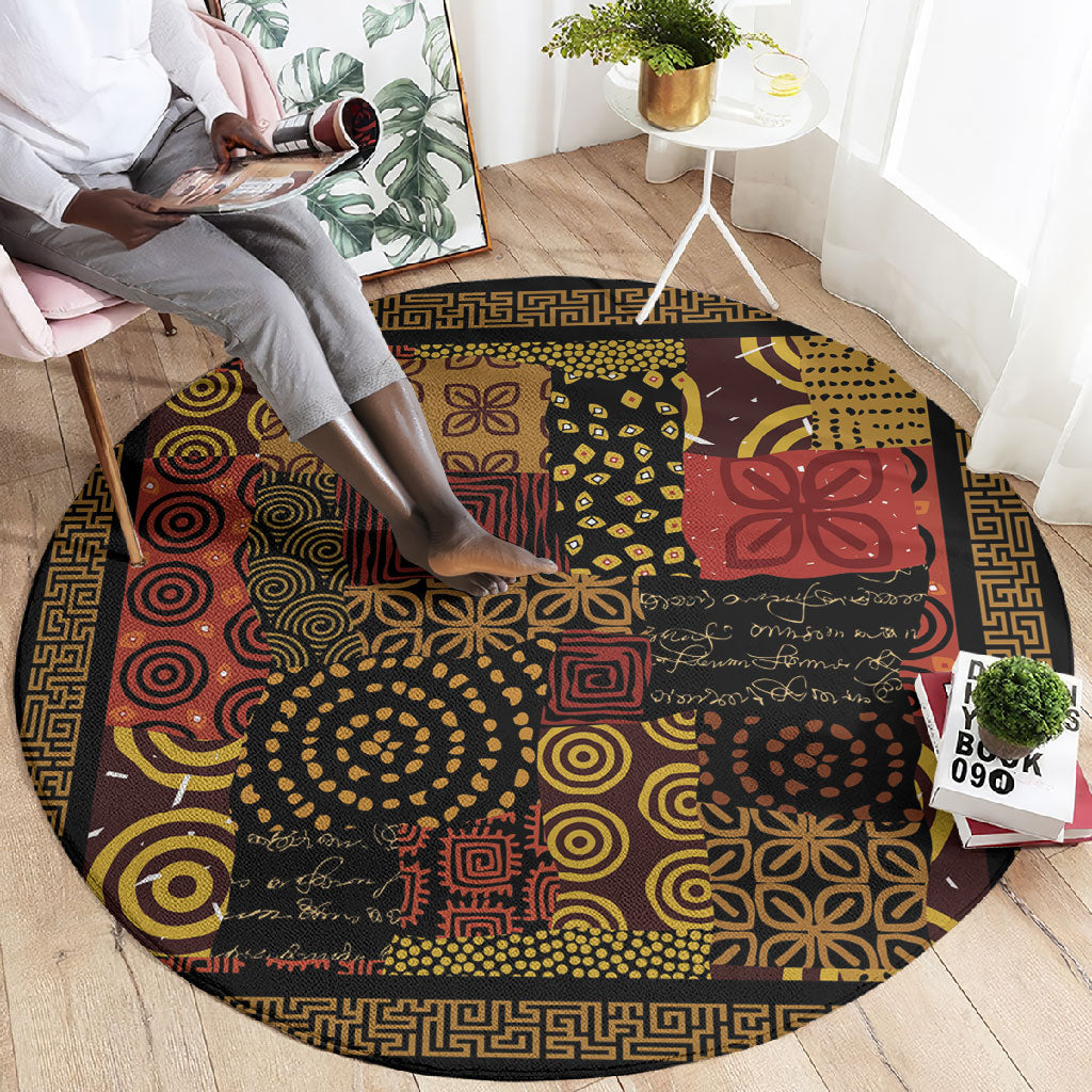 African American Quilt Inspired Round Carpet Earth Tone African Patchwork Motif
