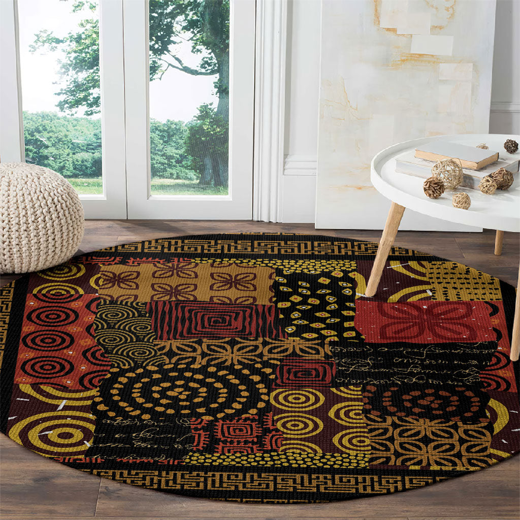 African American Quilt Inspired Round Carpet Earth Tone African Patchwork Motif