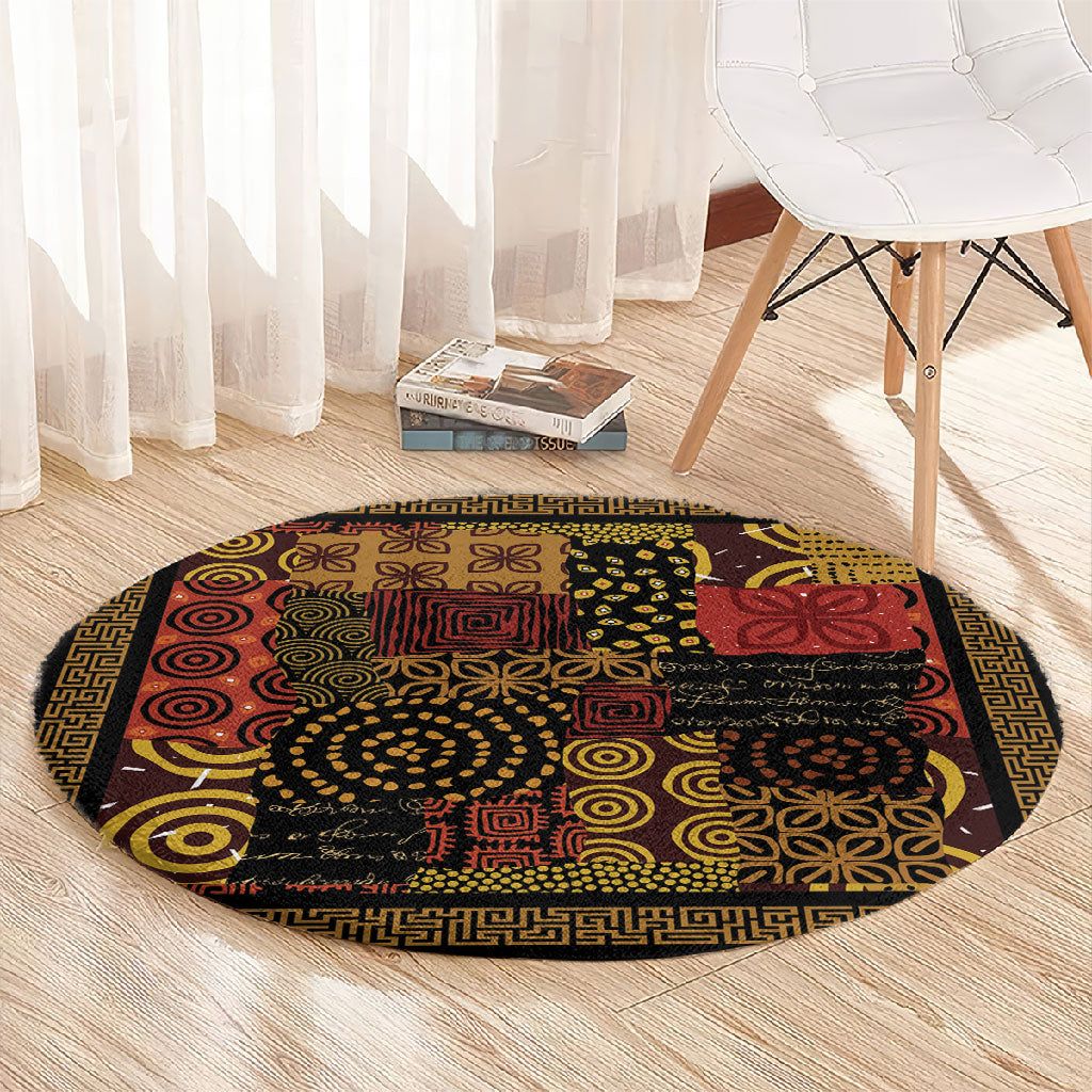African American Quilt Inspired Round Carpet Earth Tone African Patchwork Motif