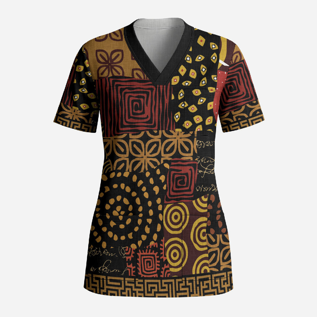 African American Quilt Inspired Scrub Top Earth Tone African Patchwork Motif