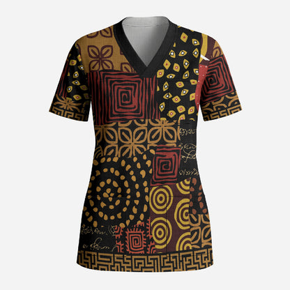 African American Quilt Inspired Scrub Top Earth Tone African Patchwork Motif