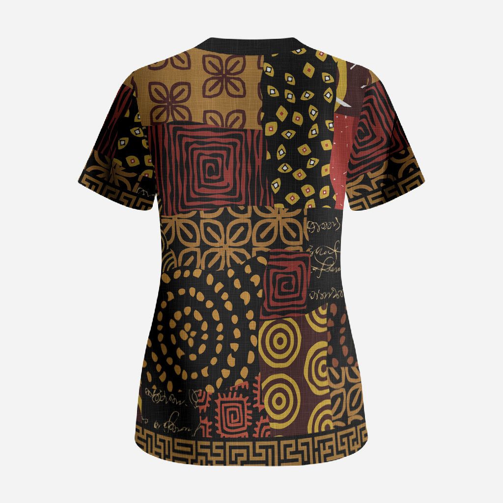 African American Quilt Inspired Scrub Top Earth Tone African Patchwork Motif