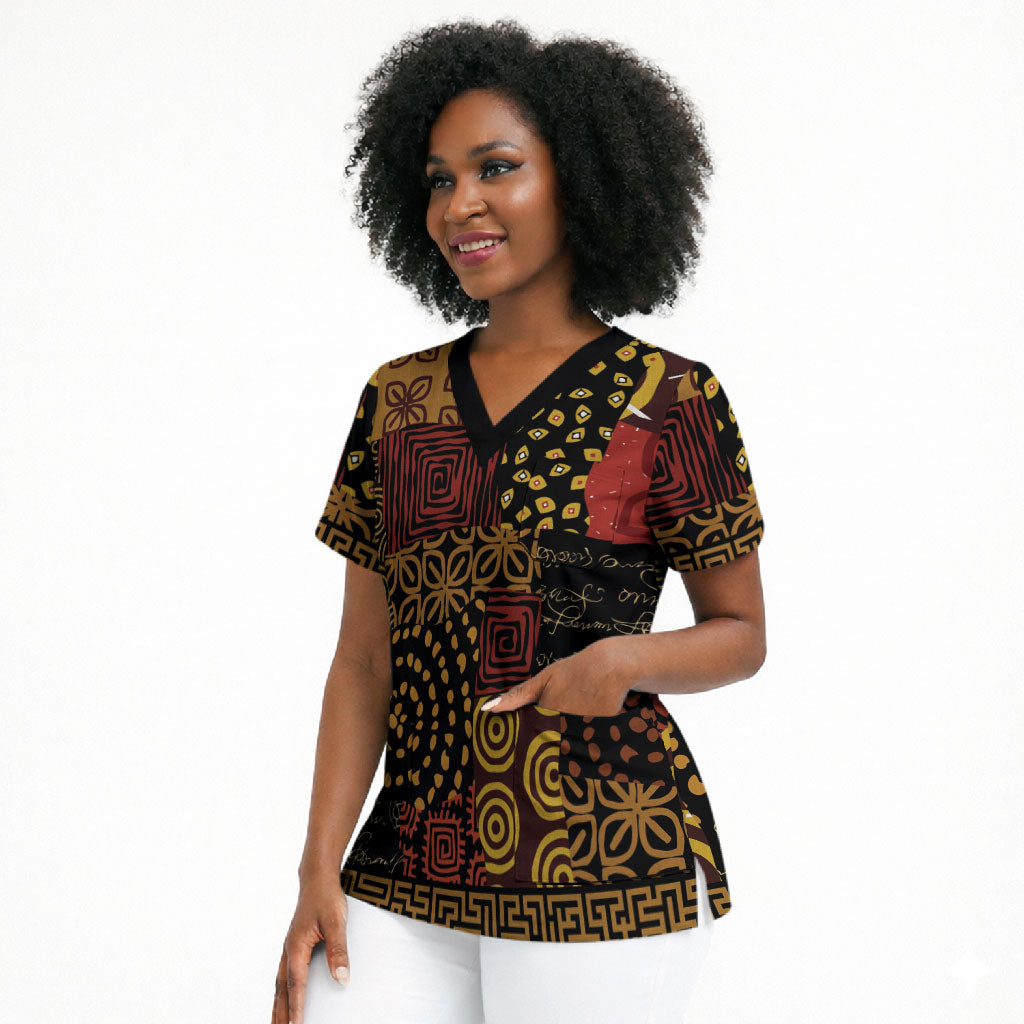 African American Quilt Inspired Scrub Top Earth Tone African Patchwork Motif