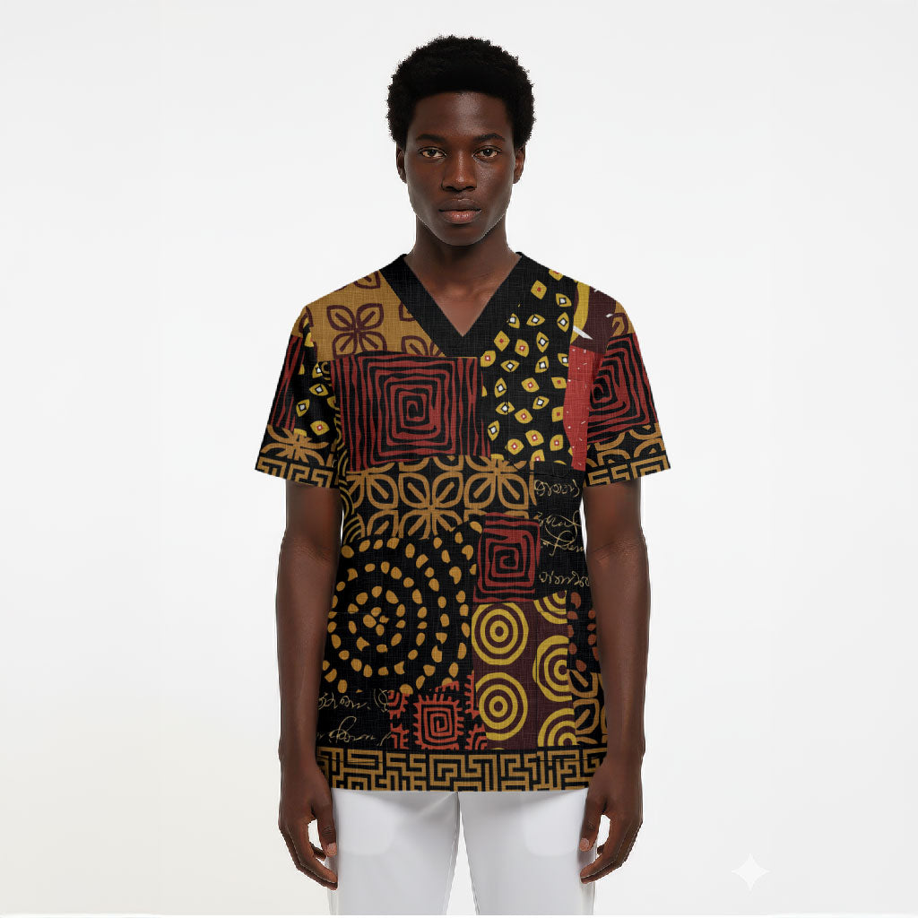 African American Quilt Inspired Scrub Top Earth Tone African Patchwork Motif