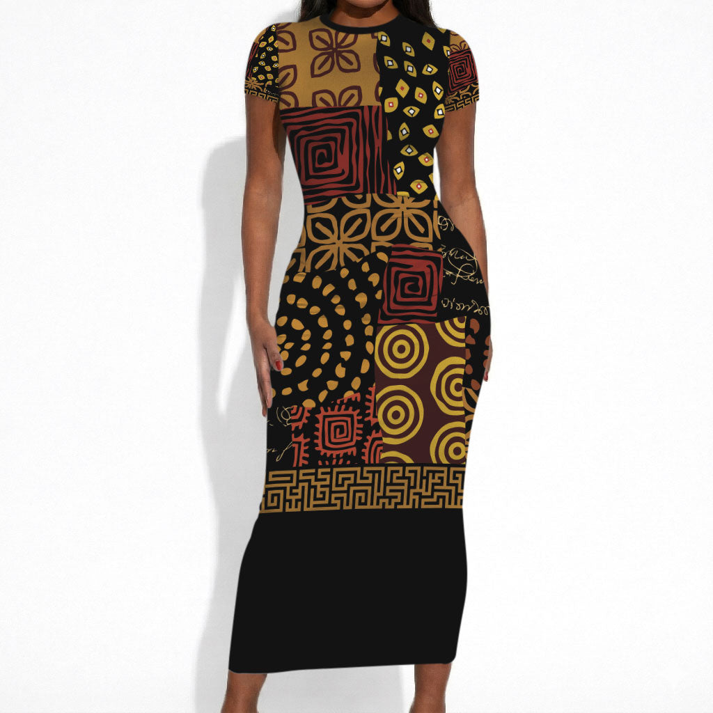 African American Quilt Inspired Short Sleeve Bodycon Dress Earth Tone African Patchwork Motif