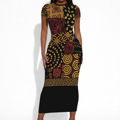 African American Quilt Inspired Short Sleeve Bodycon Dress Earth Tone African Patchwork Motif