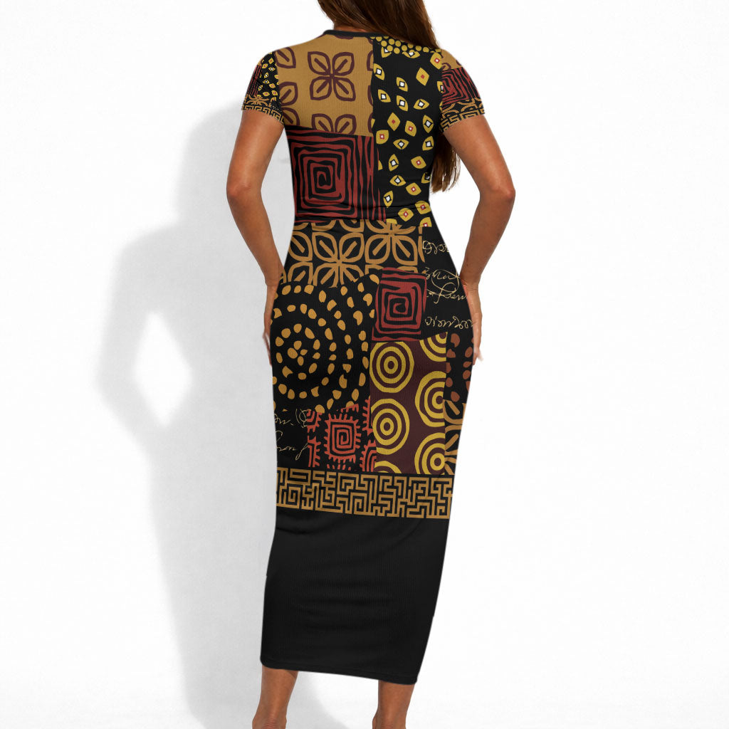 African American Quilt Inspired Short Sleeve Bodycon Dress Earth Tone African Patchwork Motif