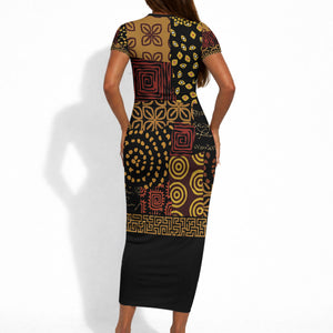 African American Quilt Inspired Short Sleeve Bodycon Dress Earth Tone African Patchwork Motif