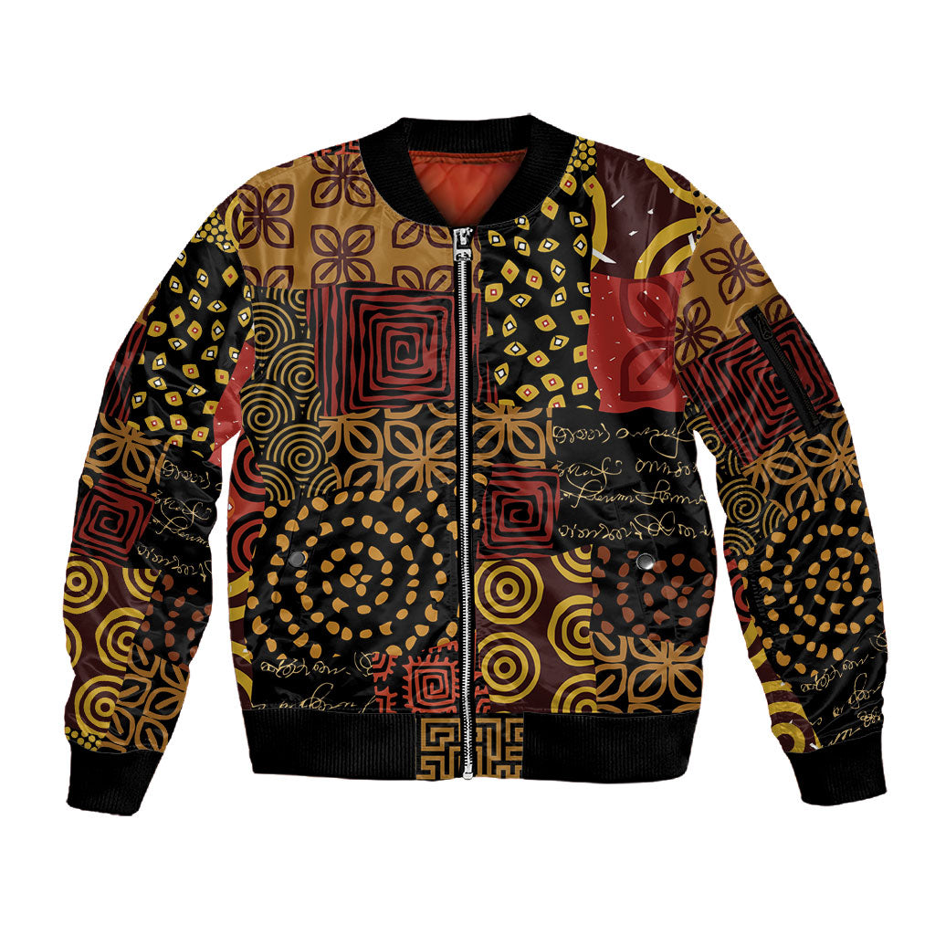 African American Quilt Inspired Sleeve Zip Bomber Jacket Earth Tone African Patchwork Motif