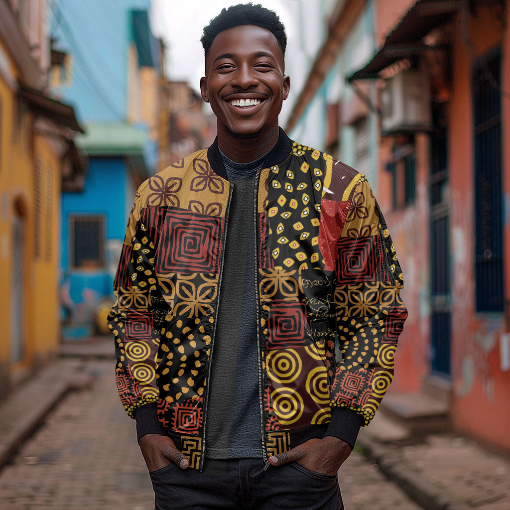 African American Quilt Inspired Sleeve Zip Bomber Jacket Earth Tone African Patchwork Motif