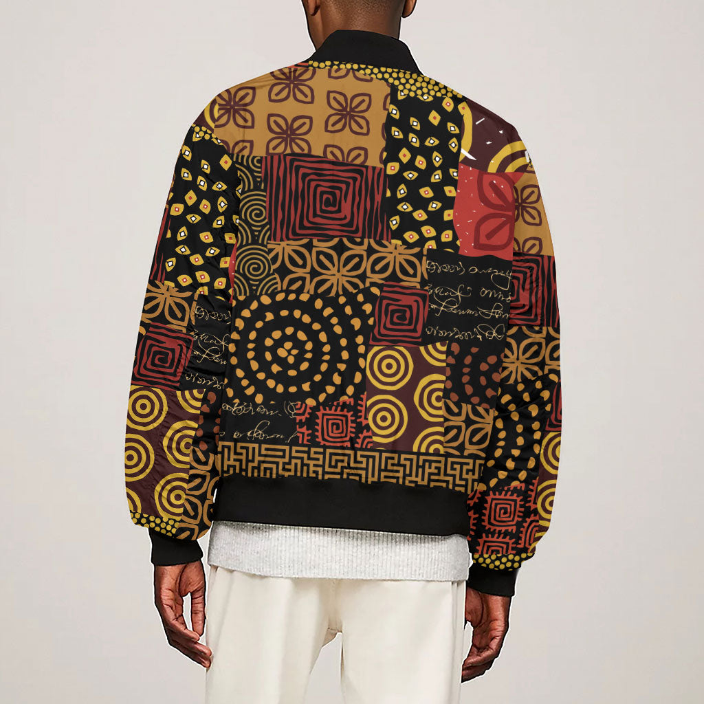 African American Quilt Inspired Sleeve Zip Bomber Jacket Earth Tone African Patchwork Motif