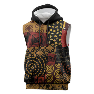 African American Quilt Inspired Sleeveless Hoodie Earth Tone African Patchwork Motif