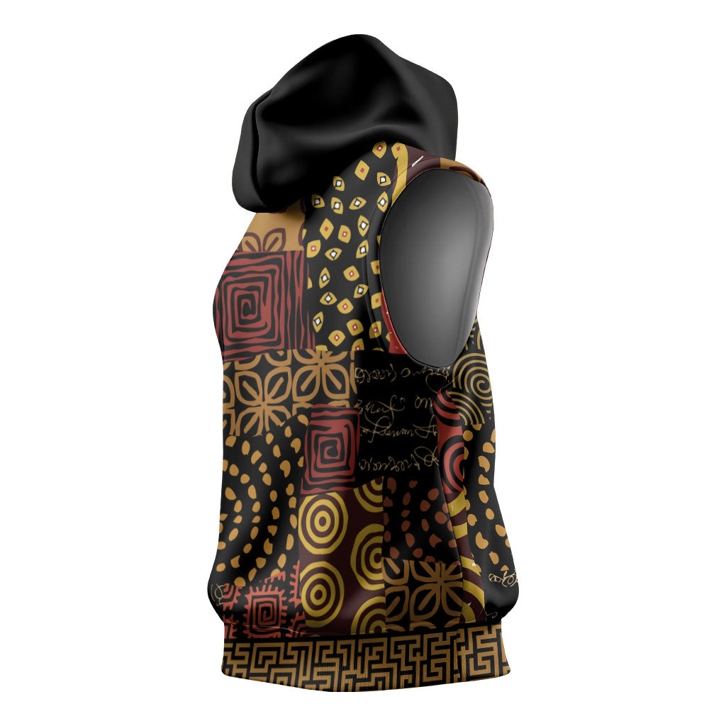 African American Quilt Inspired Sleeveless Hoodie Earth Tone African Patchwork Motif