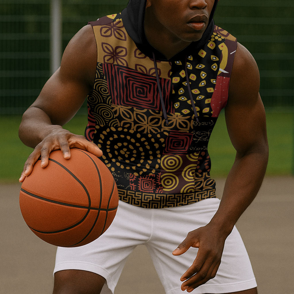 African American Quilt Inspired Sleeveless Hoodie Earth Tone African Patchwork Motif