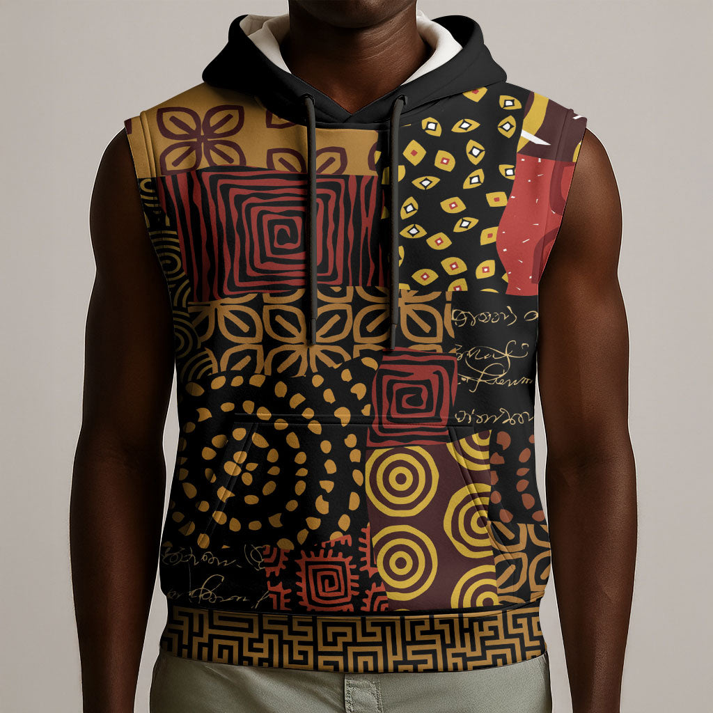 African American Quilt Inspired Sleeveless Hoodie Earth Tone African Patchwork Motif