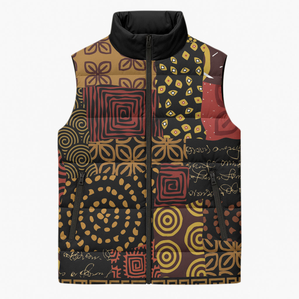 African American Quilt Inspired Sleeveless Puffer Jacket Earth Tone African Patchwork Motif