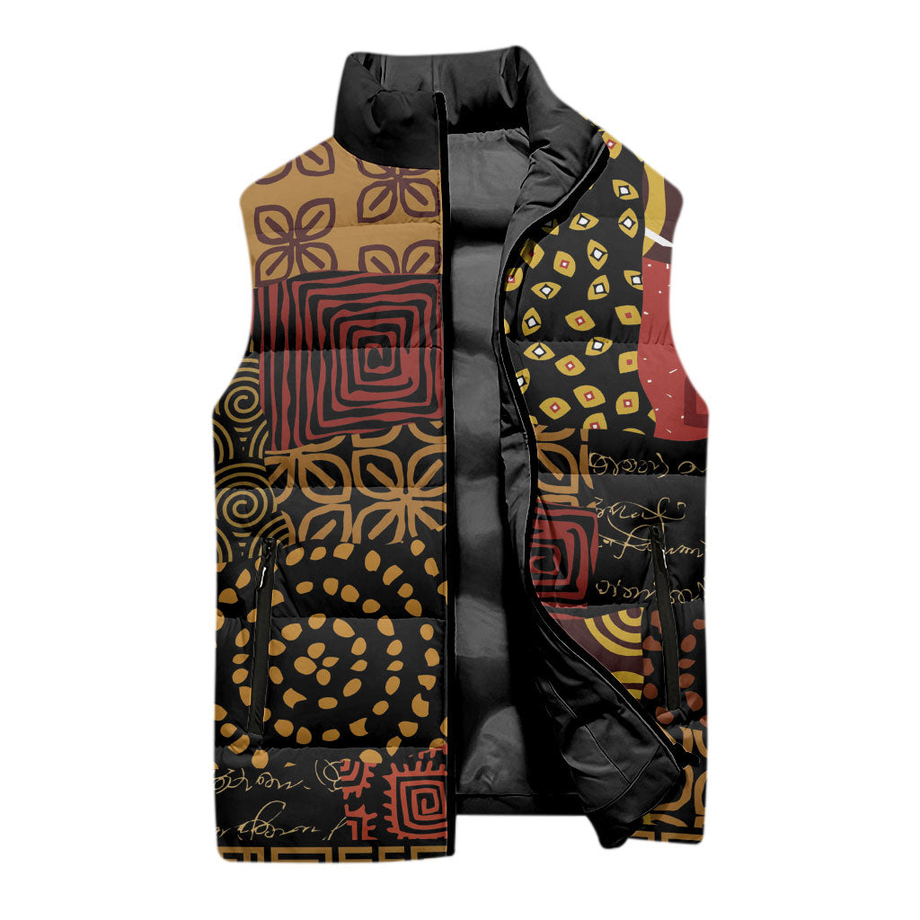 African American Quilt Inspired Sleeveless Puffer Jacket Earth Tone African Patchwork Motif
