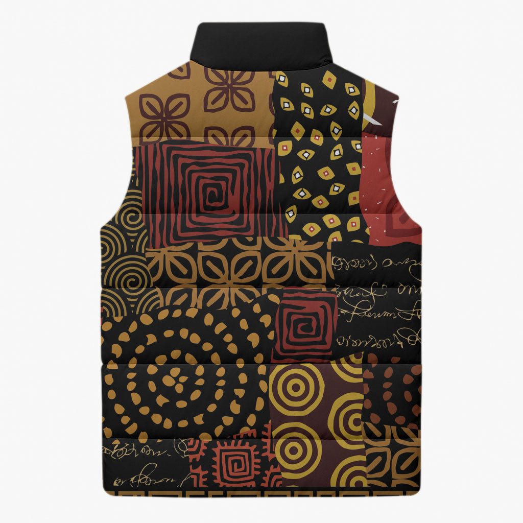 African American Quilt Inspired Sleeveless Puffer Jacket Earth Tone African Patchwork Motif