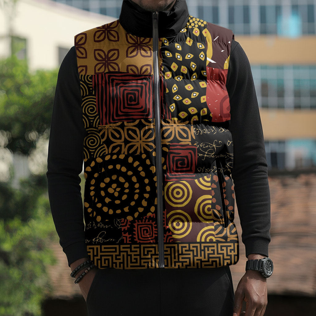 African American Quilt Inspired Sleeveless Puffer Jacket Earth Tone African Patchwork Motif