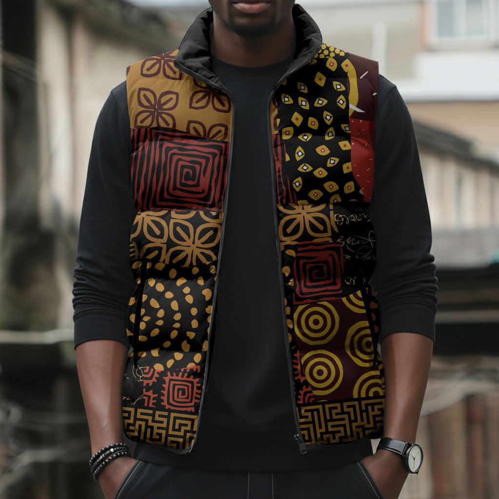 African American Quilt Inspired Sleeveless Puffer Jacket Earth Tone African Patchwork Motif