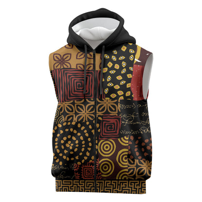 African American Quilt Inspired Sleeveless Zip Hoodie Earth Tone African Patchwork Motif