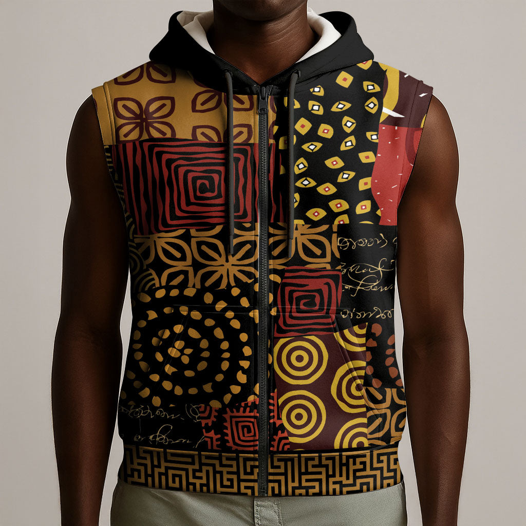 African American Quilt Inspired Sleeveless Zip Hoodie Earth Tone African Patchwork Motif