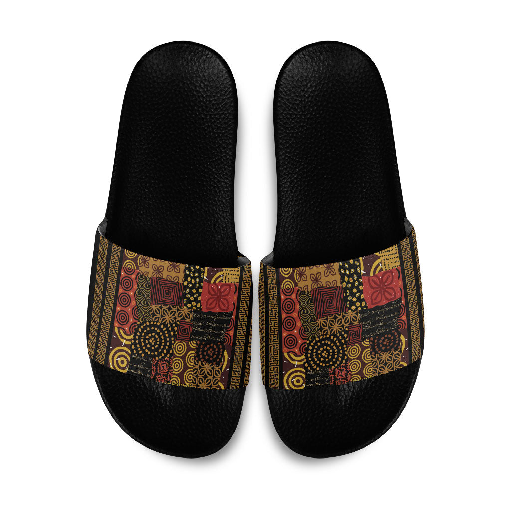 African American Quilt Inspired Slide Sandals Earth Tone African Patchwork Motif