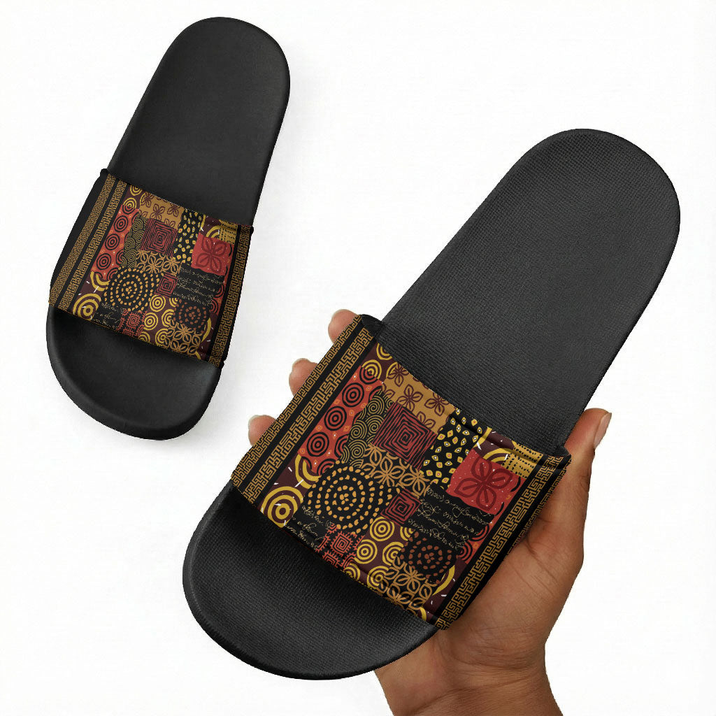 African American Quilt Inspired Slide Sandals Earth Tone African Patchwork Motif