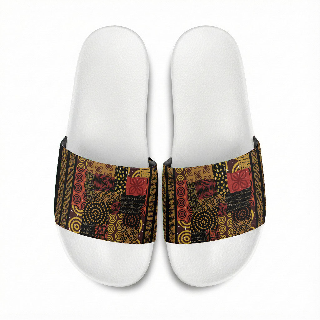 African American Quilt Inspired Slide Sandals Earth Tone African Patchwork Motif