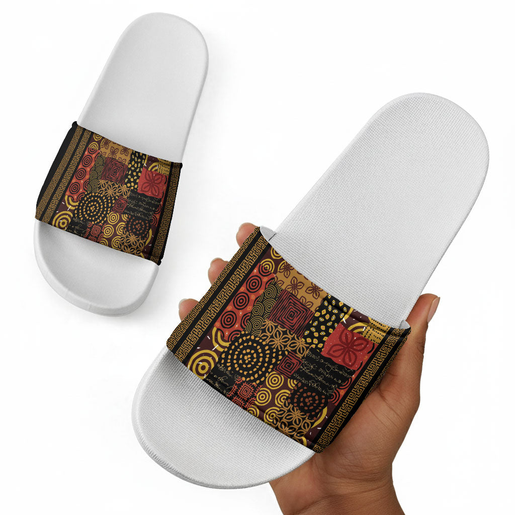 African American Quilt Inspired Slide Sandals Earth Tone African Patchwork Motif
