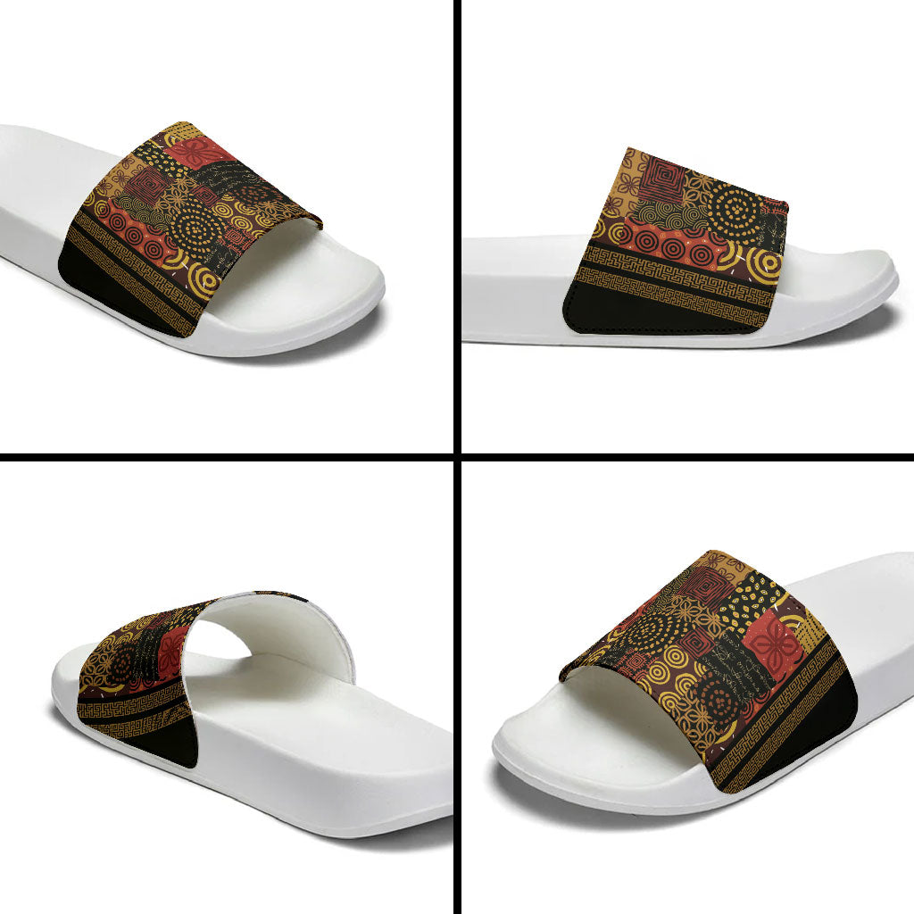 African American Quilt Inspired Slide Sandals Earth Tone African Patchwork Motif