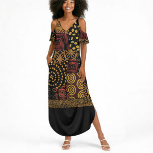 African American Quilt Inspired Summer Maxi Dress Earth Tone African Patchwork Motif